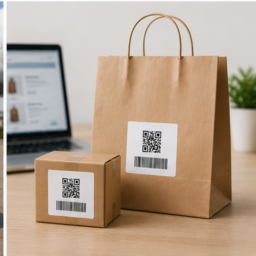 E-commerce shopping bag and parcel labeled with QR codes and barcodes