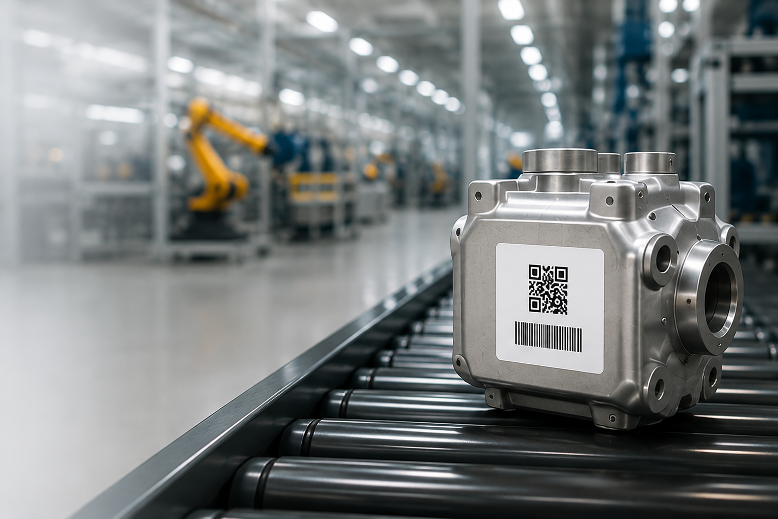 Manufactured part on a conveyor labeled with a QR code and barcode