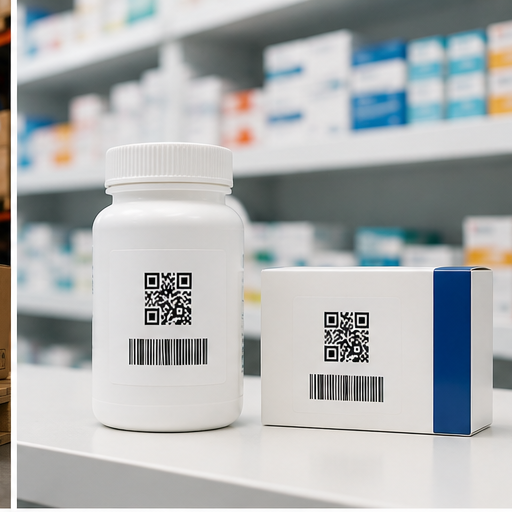 Pharmacy bottle and carton labeled with QR codes and barcodes