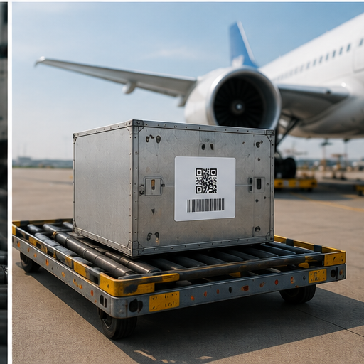 Air cargo container labeled with a QR code and barcode on the tarmac