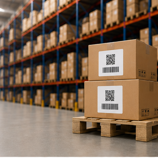Warehouse boxes on a pallet labeled with QR codes and barcodes